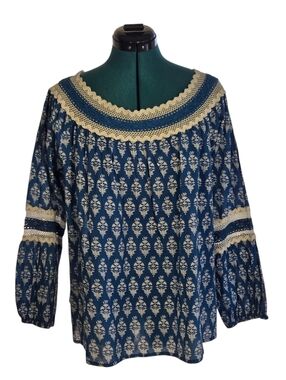 Solitaire Boho Floral Crochet Peasant Blouse Size Large Blue White New Tags